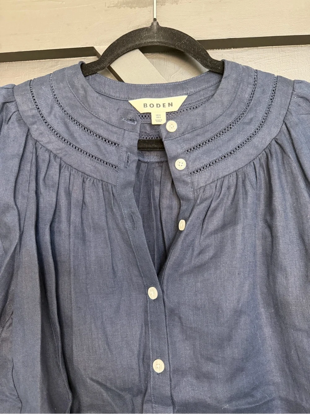 Boden Bea Stitched Yoke Linen Top in Navy, Size 2